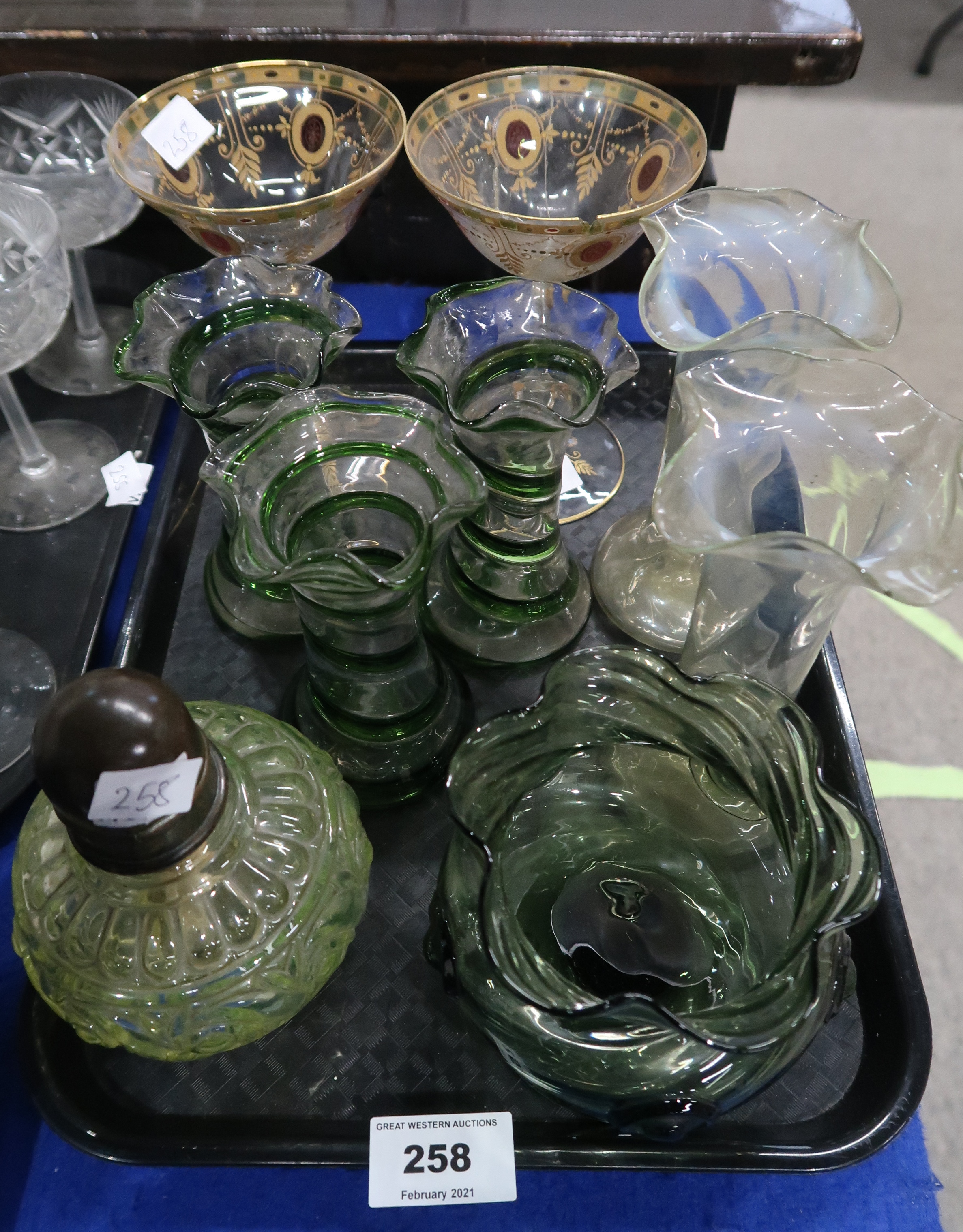 A pair of fine glass champagne glasses (one af), three clear glass vases with green trail