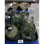 A pair of fine glass champagne glasses (one af), three clear glass vases with green trail