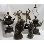 A pair of black slate table lamps with gilt metal caryatids, 33cm high, a pair of bronze figures