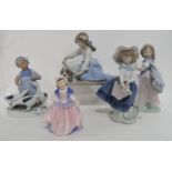 A Royal Doulton figure Dinky Do, Gerold porcelain group and three Lladro figures of girls