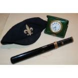A Walter Jones travel clock, small katana paper knife and scout cap Provenance: The Late Dr Helen.