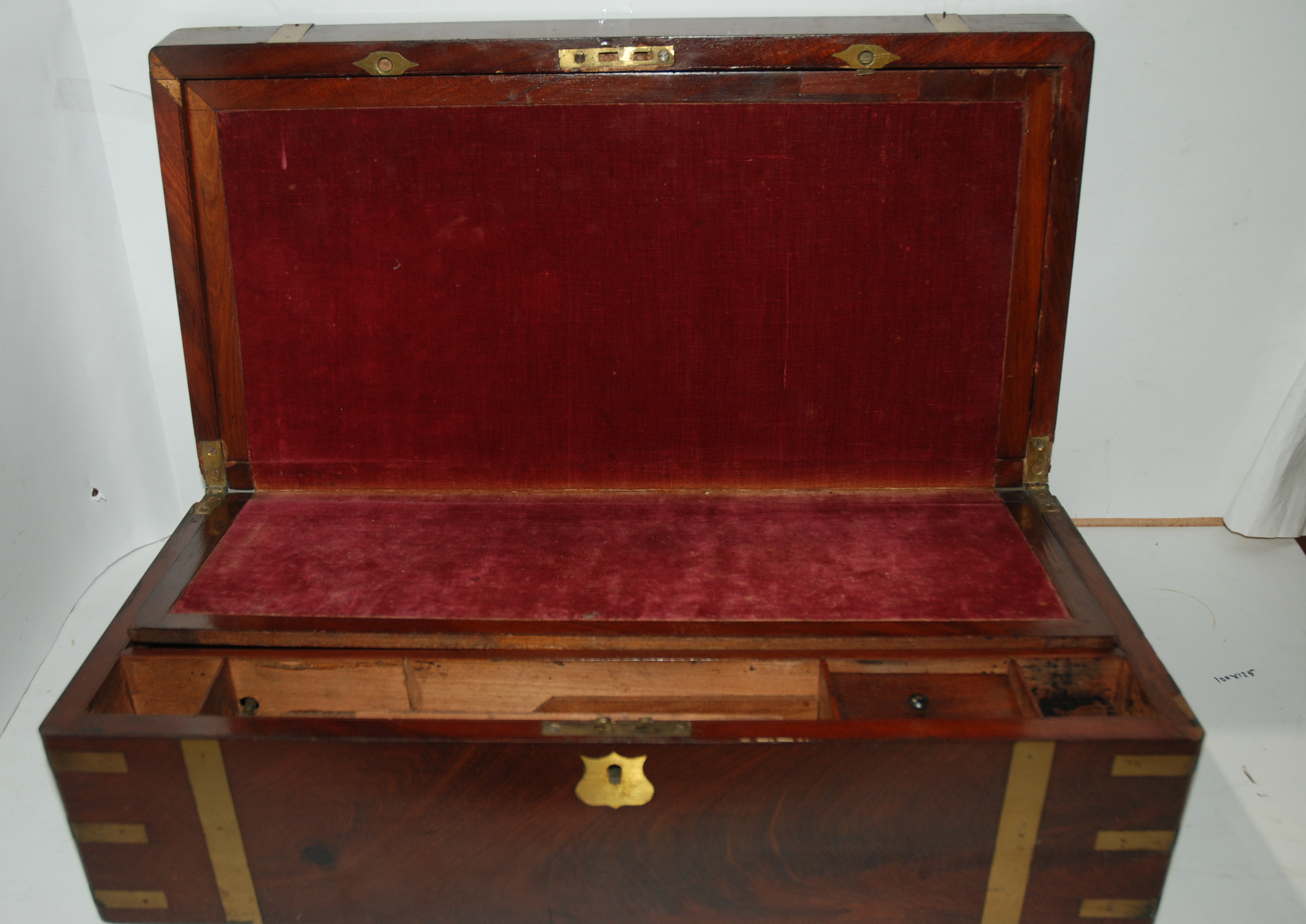 A Victorian mahogany brass bound writing slope, 51cm wide and another brass bound example, 39cm wide - Image 2 of 3