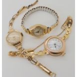Three 9ct gold cased ladies watches all three with rolled gold or gold plated straps, weight