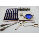 A lot comprising a cased set of six silver handled butter knives, four silver thimbles, a pillbox,