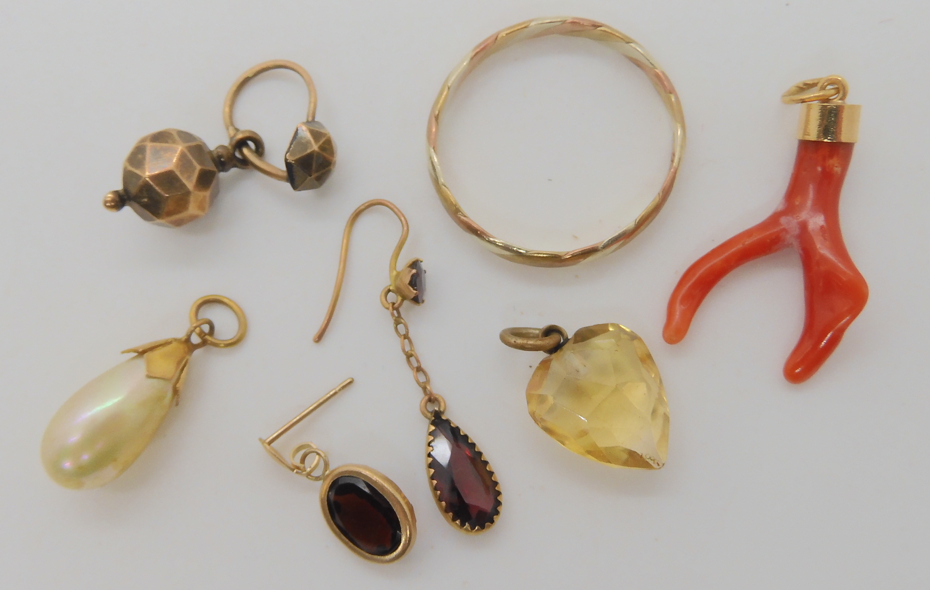 A 9ct three colour gold wedding ring size T1/2, a citrine heart pendant, a coral pendant and other - Image 2 of 3