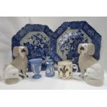 A pair of pottery poodles, a pair of Japanese octagonal blue and white plates, a Richard Guyatt
