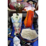 A Myott and Son brick vase, a carnival glass vase and other items Condition Report: Not available