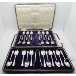 A lot comprising a cased set of twelve silver teaspoons with tongs, Sheffield 1922 and a part set (