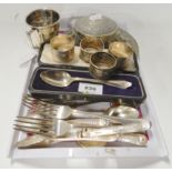 A small tray lot of EP and white metal - cutlery, napkin rings, Burmese box and flute Condition