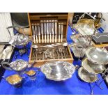 A lot comprising a cased cutlery set, two cakestands, three cased cutlery sets and three tray lots
