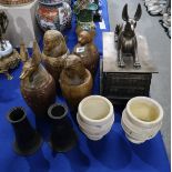 A set of four reproduction Egyptian Canopic jars and covers, an Anubis sarcophagus box, a pair of