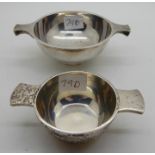 A lot comprising two silver quaich, Edinburgh 1925, 12.2cm across the lugs and Birmingham 1918, 9.