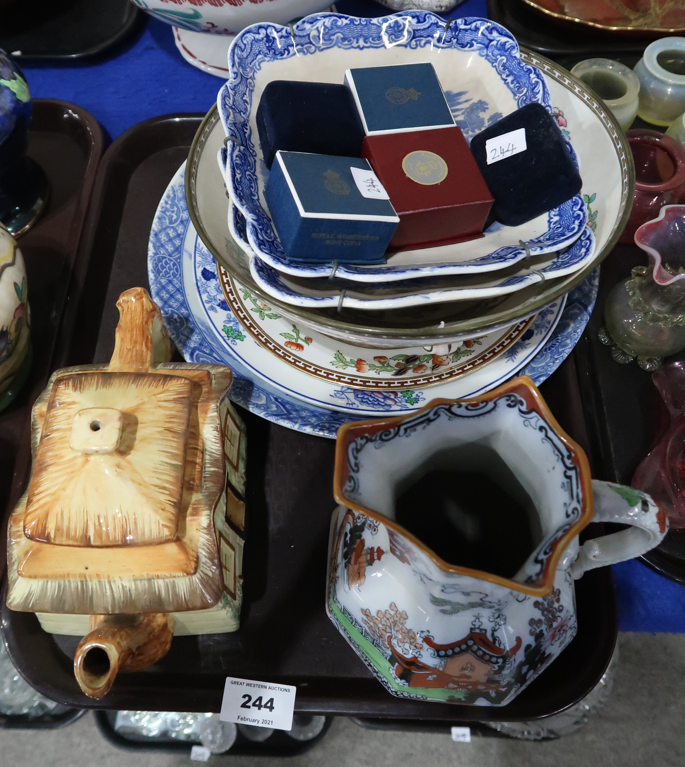 An Ironstone jug, blue and white transfer printed dishes and other items Condition Report: Not