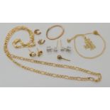 A pair of 14k gold cz set earrings weight 1.9gms, a 9ct gold figaro chain, length 46cm, a 9ct '