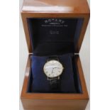 A 9ct gold gents Rotary Elite wristwatch with black leather strap, weight including the strap and