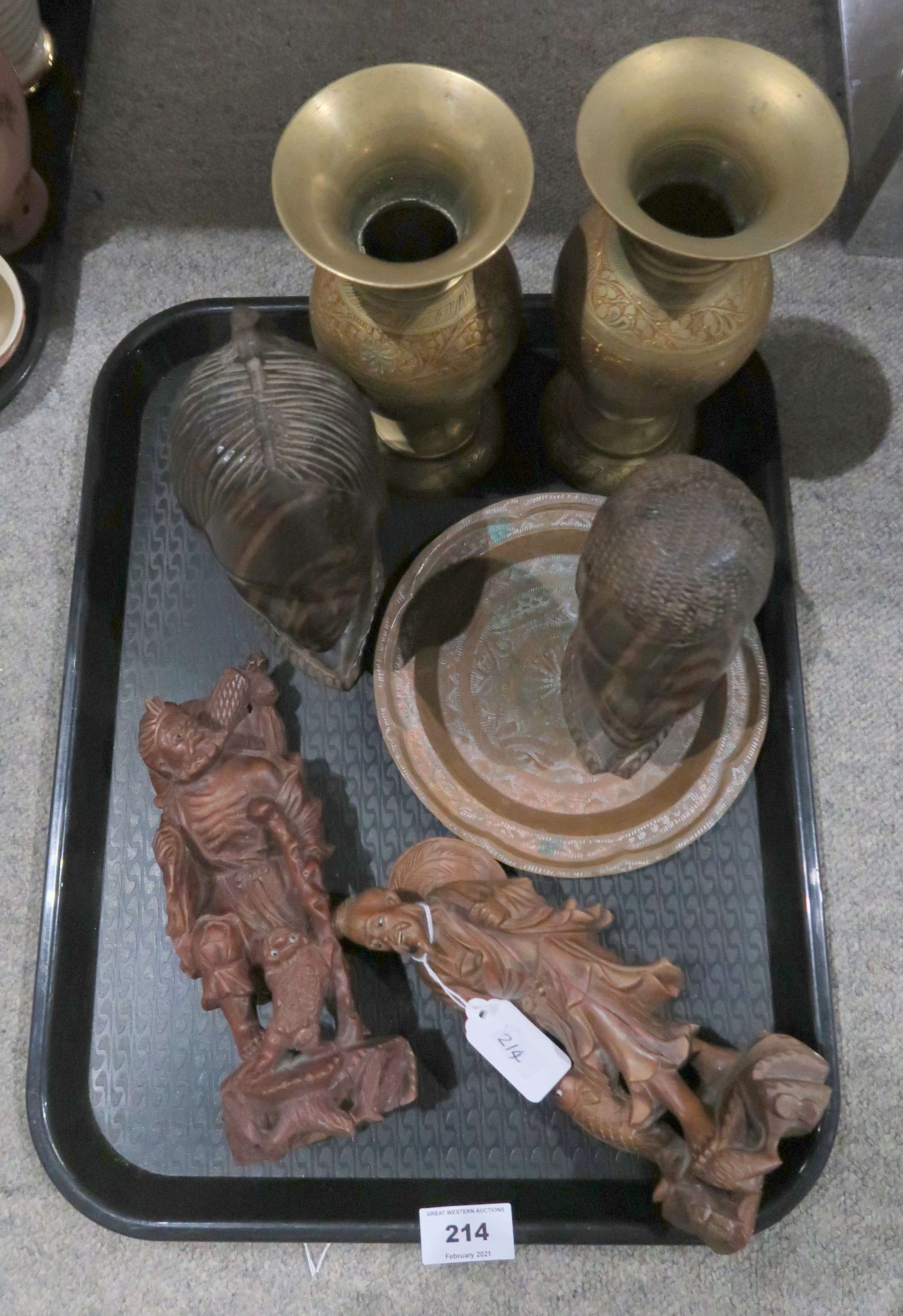 Two carved wooden oriental figures, a pair of African hardwood busts and other items Condition