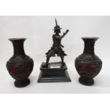 A spelter figure of a Japanese warrior and a pair of cinnabar vases Condition Report: Available upon