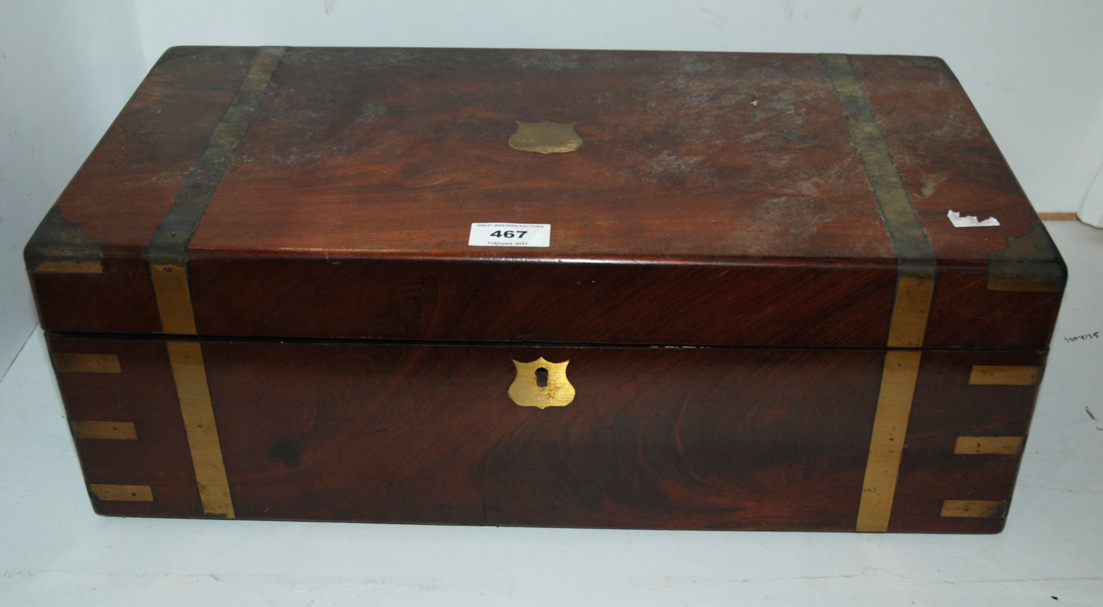 A Victorian mahogany brass bound writing slope, 51cm wide and another brass bound example, 39cm wide