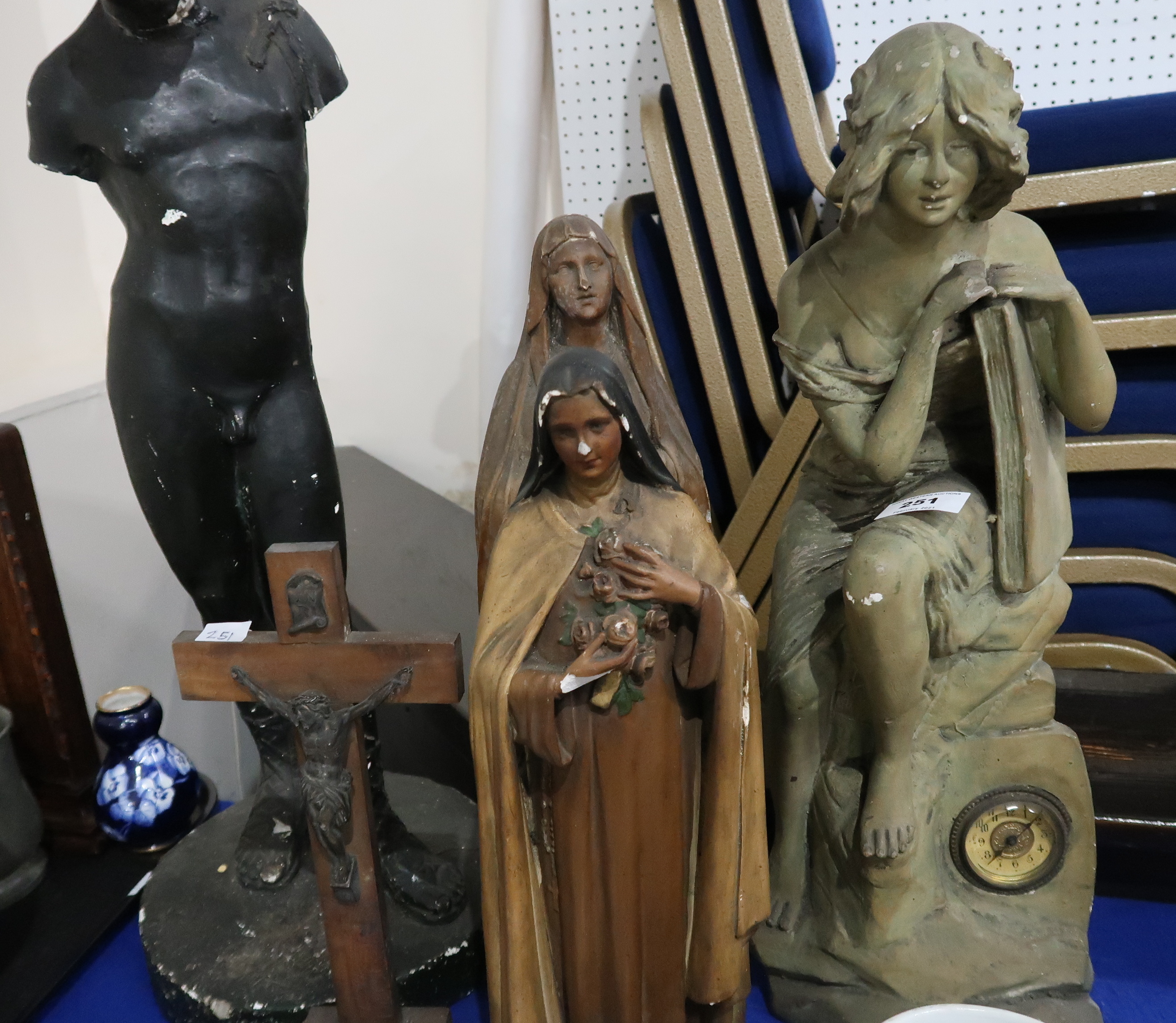 A plaster figure of an art nouveau maiden, with inset clock and various other figures Condition - Image 3 of 3