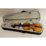 A one piece back violin 35cm with label to the interior Copy of Antonious Stradivarious
