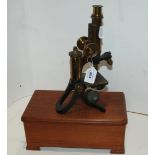 A brass lacquer microscope by Henry Crouch, London, mahogany box and two further boxes (4) Condition