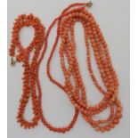 Three strings of coral beads, dark beads; length 46cm, largest 7.1mm, smallest 3mm, Weight 11.