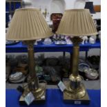 A pair of brass column table lamps with acanthus capitals, 59cm high Condition Report: