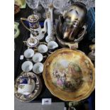 A Baroness China bowl painted with fruit and a scene of travellers, a Noritake coffee set with