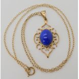 A 9ct gold lapis lazuli pendant and chain, length of pendant 4cm, chain 45cm, weight 5.5gms