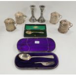 A lot comprising four Elkington Plate mustard pots, a two piece christening set (def) and a cased