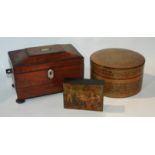 A two division tea caddy, 21cm wide circular papier mache box, 18cm wide, pictorial box etc (5)
