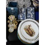 A Cantagalli style grotesque creature candlestand, a Bretby vase, a pair of Chinese ceramic boxes, a