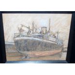 WILLIAM TIMMINS Ship in dry dock, pastel, 21 x 26cm and roof tops, watercolour, 13 x 17cm (2)