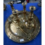 A pair of Queen of Diamonds brass candlesticks, a brass tray etc Condition Report: Available upon