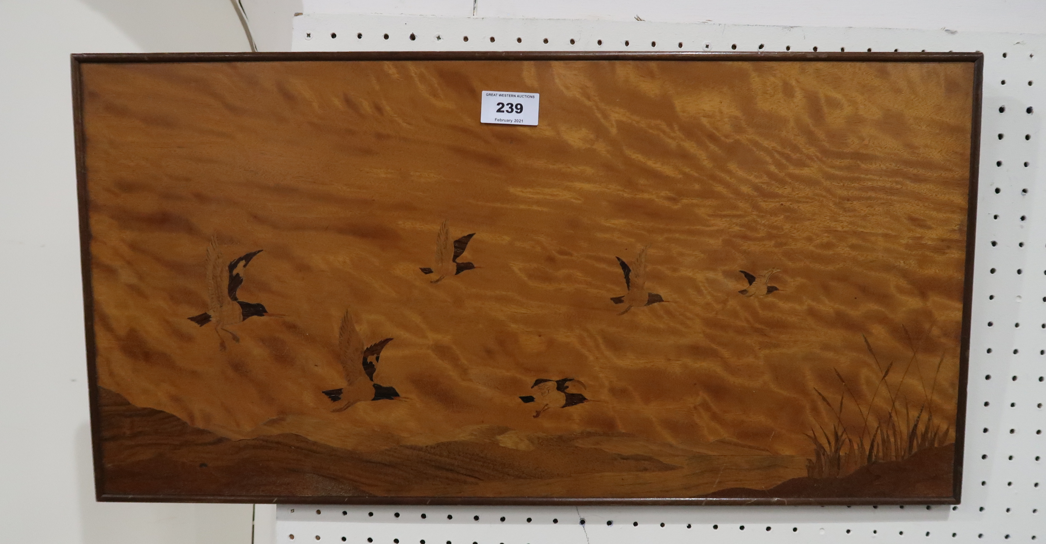 An inlaid wooden panel depicting Oyster Catchers, 31cm high Condition Report: