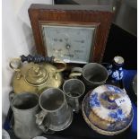 A Doulton blue and gilt pot and cover, a oak framed barometer, brass kettle etc Condition Report:
