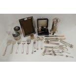 A small tray lot of EP and silver - sugar castor, hair tidies, loose cutlery, photo frame etc