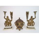 A PAIR OF FIGURAL CANDLE AND POSY HOLDERS upon rectangular alabaster bases, 28cm high, together with