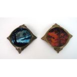 A PAIR OF ENAMEL ON COPPER DISHES one painted with a sunset, initialled B D to underside, the