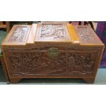 A heavily carved Chinese camphor wood blanket chest, 59cm high x 101cm wide x 50cm deep Condition