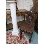 A carved oak hall chair and a modern plaster pedestal, 115cm high (2) Condition Report: Available