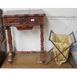 A mahogany sewing table with lidded top, 69cm high x 54cm wide x 37cm deep and a folding wool basket