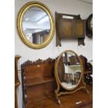 An oval gilt wall mirror, toilet mirror, occasional table, chair and a smokers cabinet (5) Condition