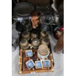 A collection of Denby soup cups and lids, a pair of glass vases, terracotta figure etc Condition