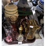 A Horlicks mixing jug, a Dartington glass carafe, ruby flashed vase and other items Condition