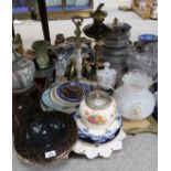 A pair of onyx and brass scales, an oil lamp, assorted plates, dishes etc Condition Report: Not