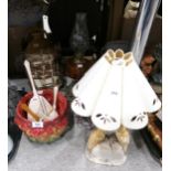 An alabaster bird table lamp, a pearlized plastic backed dressing table set, an oil lamp etc
