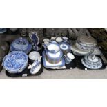 A Wedgwood teaset with blue banded rims, pattern no 8784, transfer printed cow creamer, and other