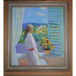 JOHN ASH Girl standing at an open window, monogrammed oil on canvas, 85 x 74cm Condition Report: