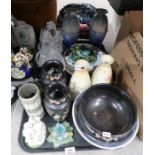 A pair of Bretby black ground vases and a matching bowl, a Langley vase, crystal items etc Condition